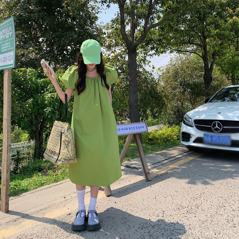 Đầm Dáng Chữ A Tay Phồng Màu Trơn Phong Cách Hàn Quốc Cổ Điển Thời Trang