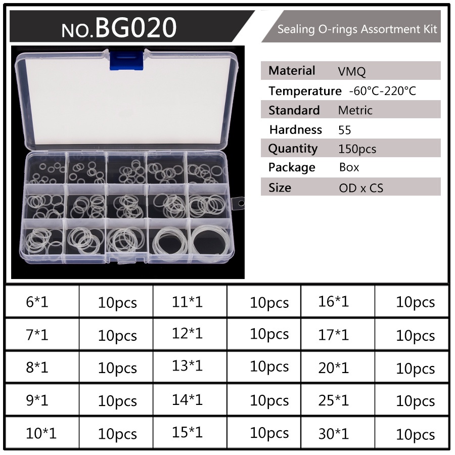 Bộ 150 Vòng Đệm Silicone Chữ O VMQ OD 6mm-30mm 1mm 1.5mm 1.9mm 2.4mm
