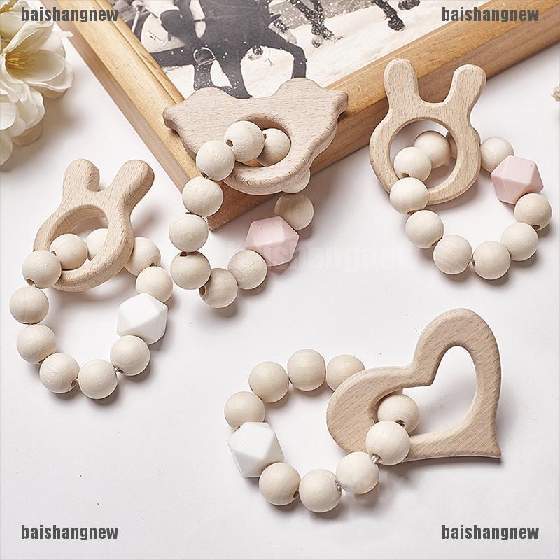 Bnvn 12# Wooden Rattle Beech Bear Hand Teething Ring Baby Rattles Play Stroller Toy Bnvv