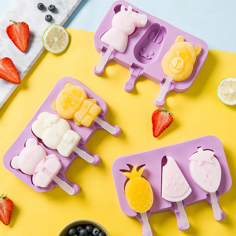 ONLY HOUSE Khuôn Làm Kem Que Bằng Silicon Họa Tiết Hoạt Hình Dễ Thương