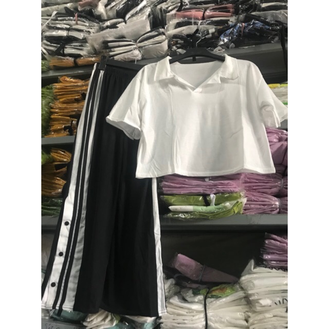 Sét áo polo Croptop + quần xẻ cúc bấm