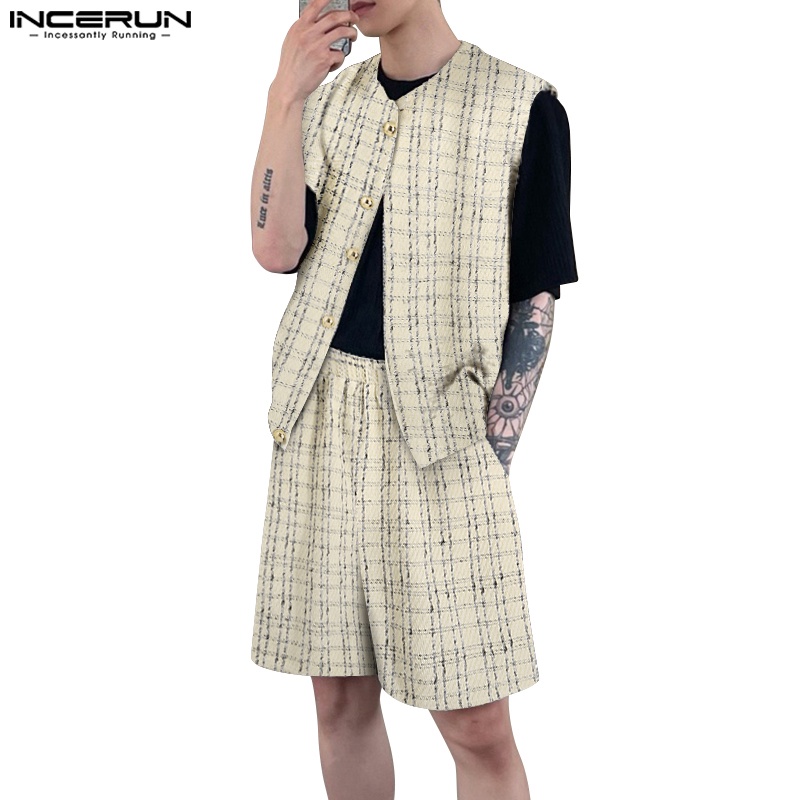 Set đồ INCERUN gồm áo ghi lê và quần short ống rộng họa tiết sọc caro thời trang cho nam