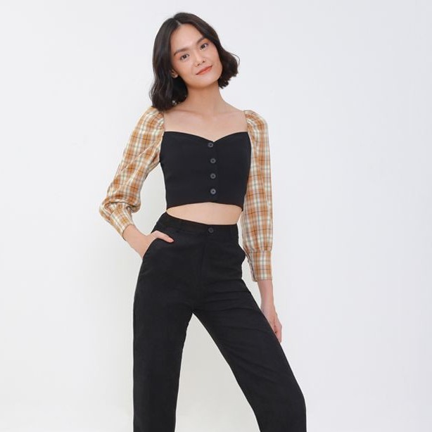 Áo croptop phối tay caro cài nút - MARC FASHION