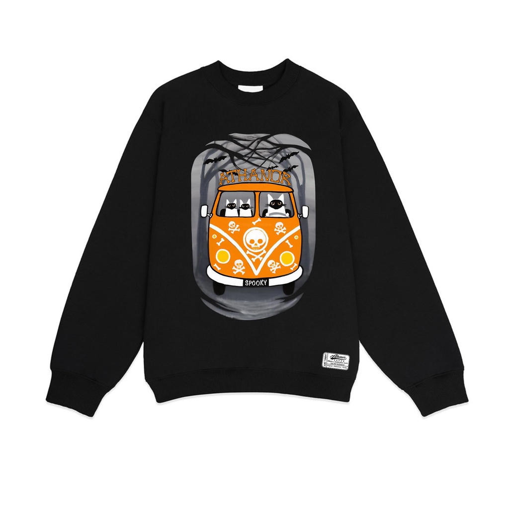 Áo nỉ sweater ATHANOR form rộng chất nỉ bông dày 100% cotton dài tay mẫu halloween in hình ba con mèo