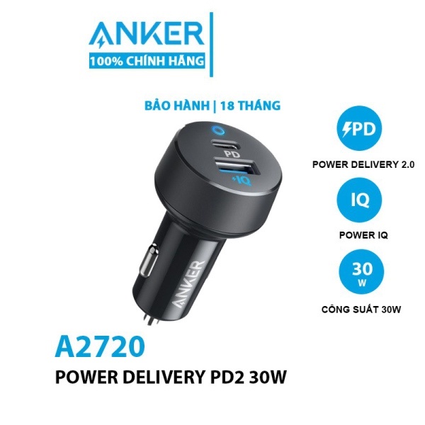 Sạc ô tô ANKER 2 cổng công suất 30w Power Delivery – A2720