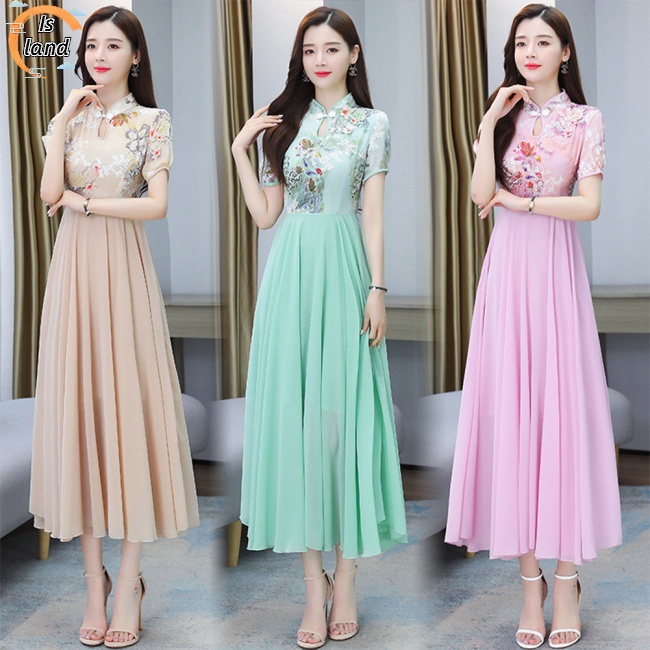 Đầm Sườn Xám Cách Tân Chất Chiffon Cổ Đứng In Họa Tiết Phong Cách Trung Hoa Cổ Điển Thời Trang Cho Nữ
