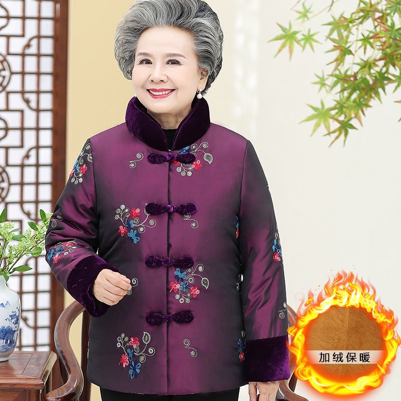 Mùa đông mới của phụ nữ trung niên và cao tuổi áo khoác thêu bông siêu ấm áp lễ hội đông, bộ đồ mặc mẹ nhung