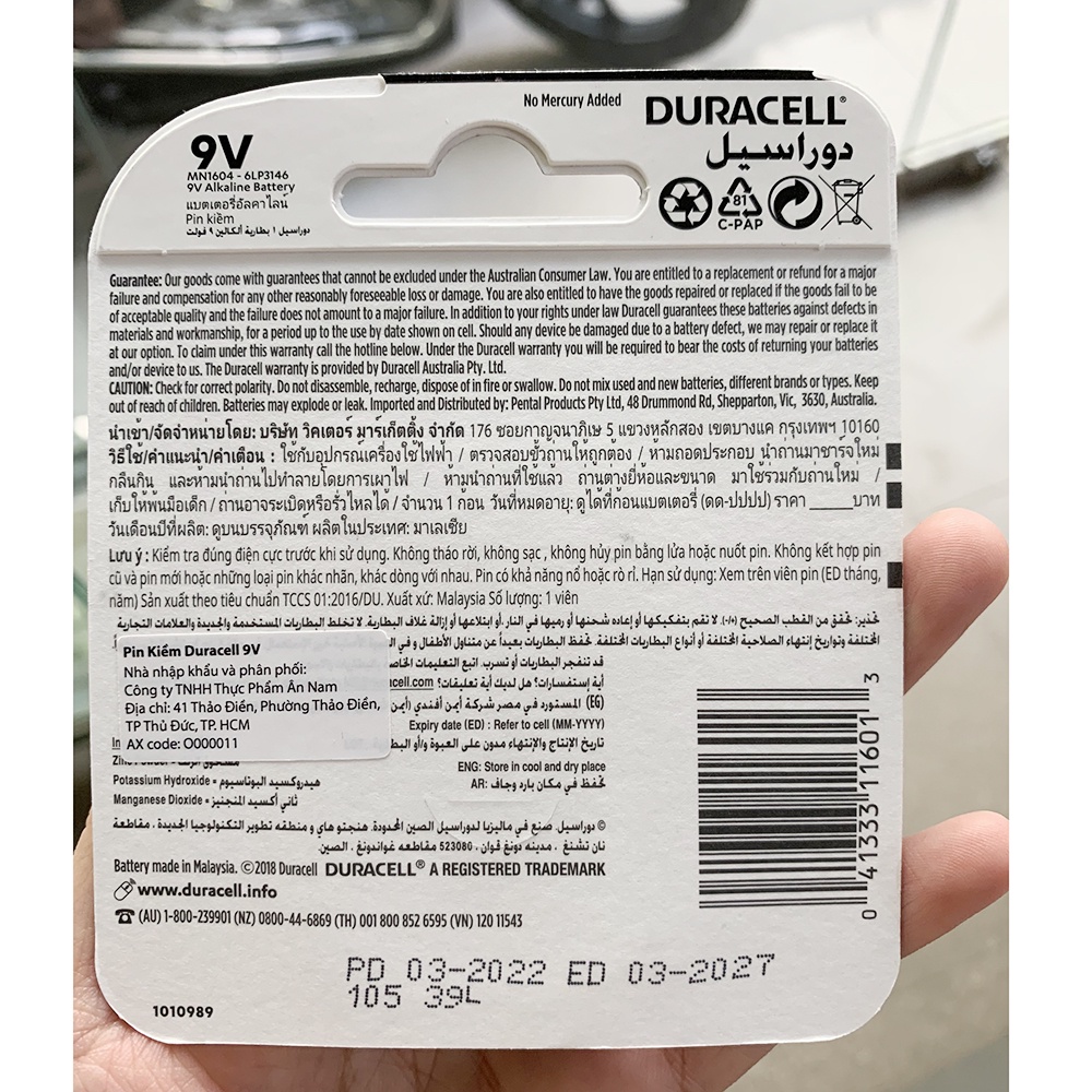 Pin vuông 9v Duracell Alkaline chính hãng