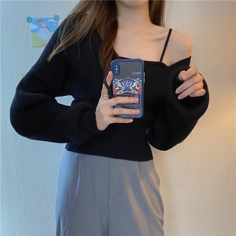 Áo len nữ dài tay bồng điệu cổ V hai dây