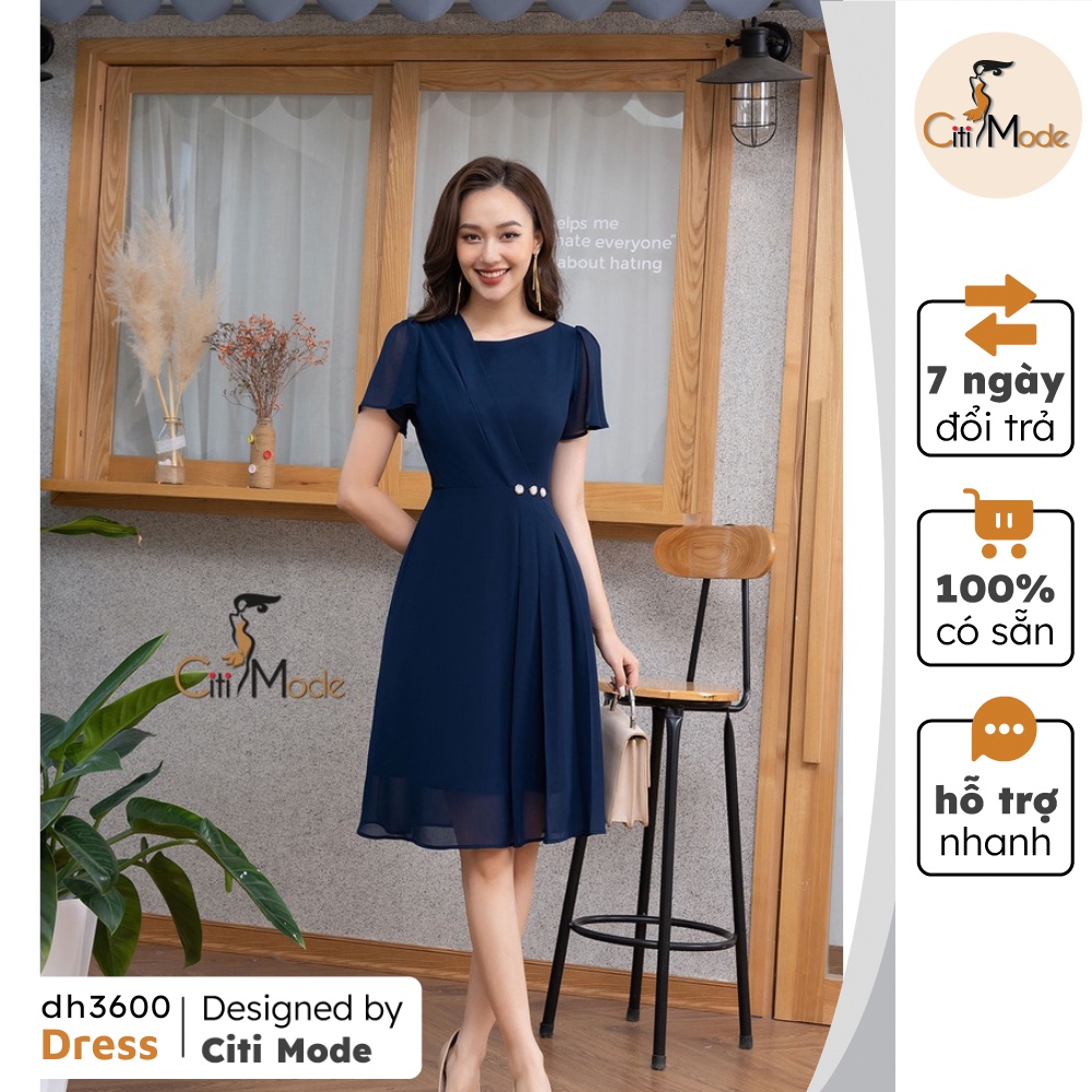 Đầm xòe công sở xanh than CITI MODE cổ lệch phối cúc eo chất Voan cao cấp DH3600