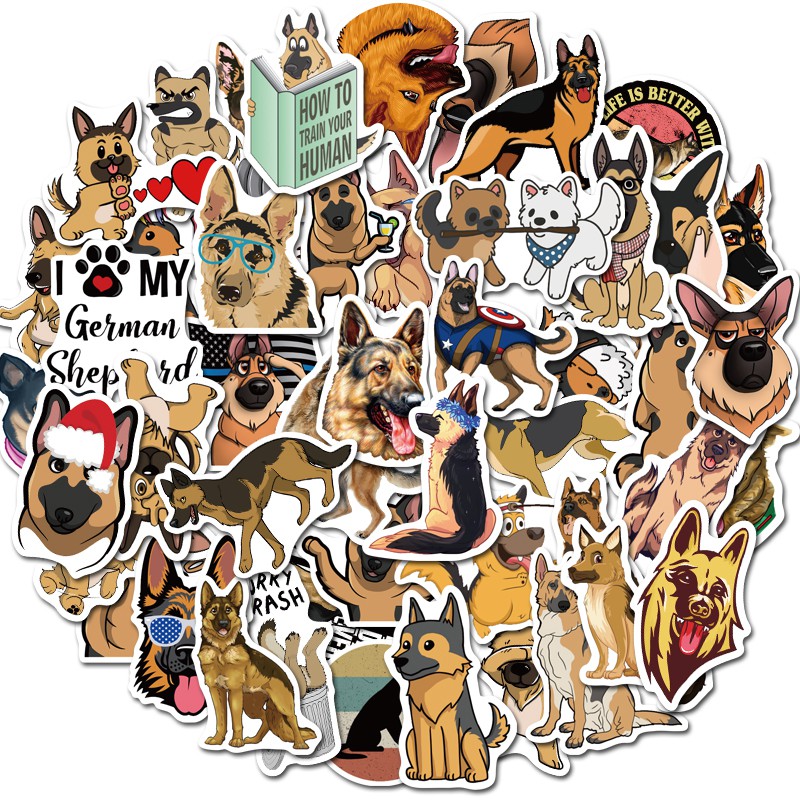 Túi 50 nhãn dán hình chó Shepherd trang trí đa dụng