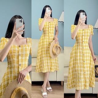 Váy kẻ caro cúc gỗ vintage , hàng thiết kế 2 lớp