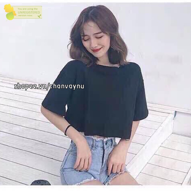 Áo croptop form rộng cổ tròn  2 màu đen trắng freesize CVDP MT842 hàn quốc chuẩn store freeship 50k