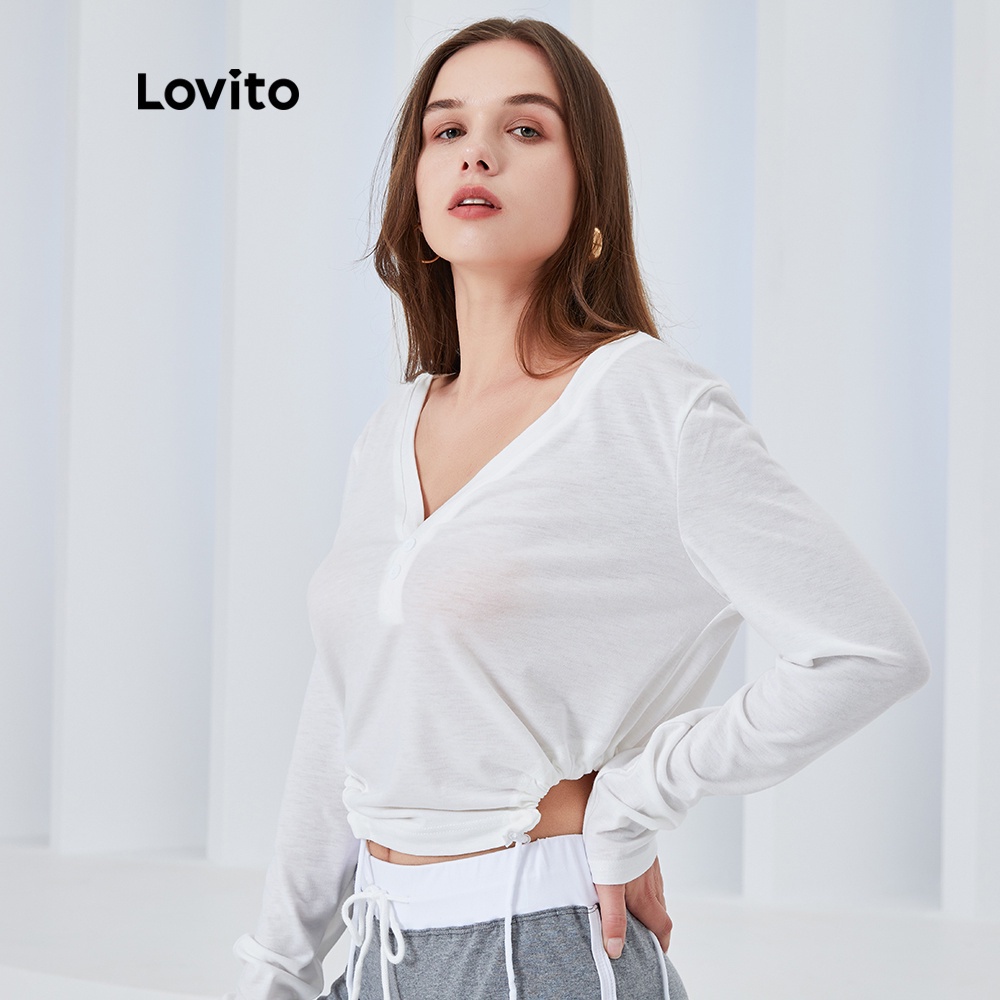 Áo thun Lovito TSLJXP2095 dáng ngắn cổ chữ V màu trắng phối dây rút có nút phía trước thời trang đơn giản