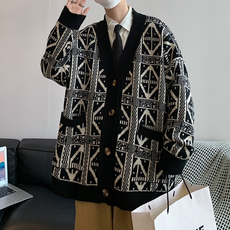Áo khoác cardigan dệt kim dáng rộng màu đen kẻ sọc đơn giản phong cách retro Hàn Quốc cho nam