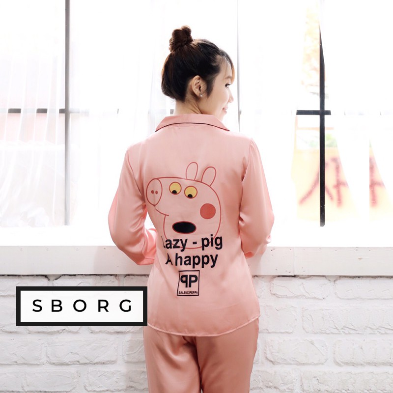 Đồ ngủ cute SBORG đồ bộ lụa satin cao cấp mặc nhà quần dài tay dài in heo peppa cute có túi 45-65kg quà tặng vợ