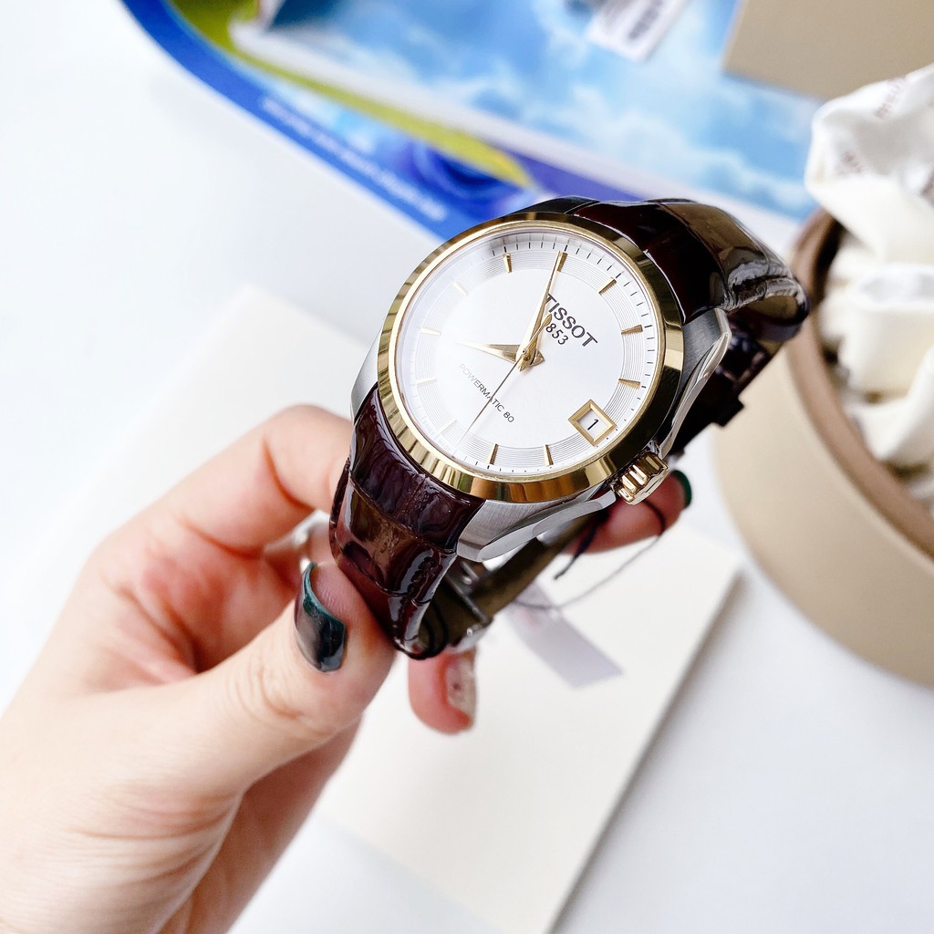 Đồng hồ Nữ chính hãng Tissot 1853 Powermatic T035.207.26.031.00 Size 32,Viền vàng,Mặt trắng,Lịch-Máy cơ-Dây da cao cấp