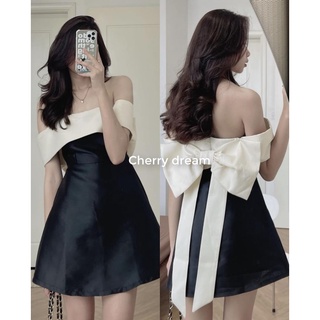 ĐẦM TRỄ VAI PHỐI MÀU TRẮNG ĐEN, Váy Nữ Thắt Nơ Lưng