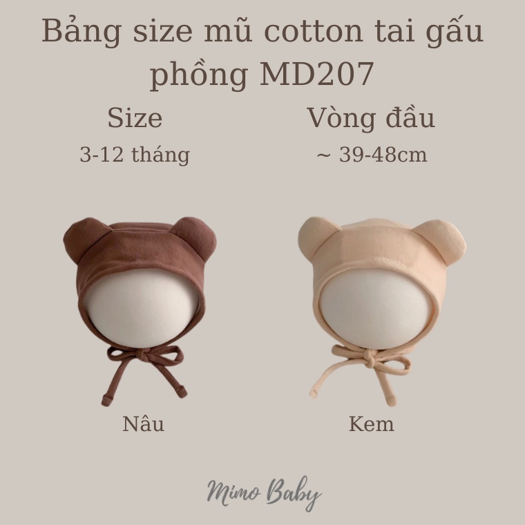 Mũ nón cotton buộc dây gắn tai gấu phồng dễ thương cho bé MD207 Mimo Baby