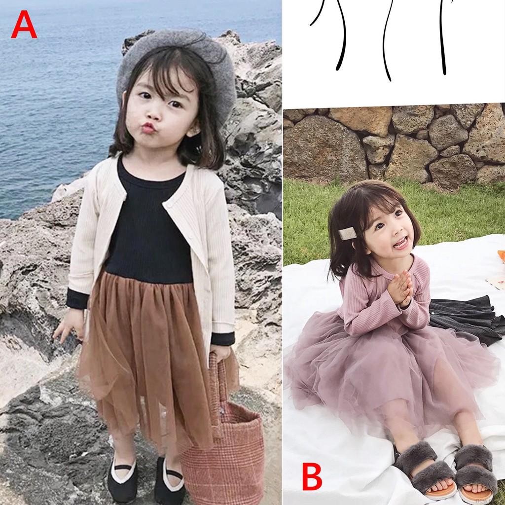 Đầm bé gái tay dài phối lưới phong cách Hàn Quốc dễ thương