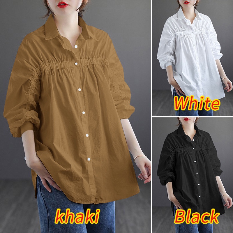 Áo sơ mi ZANZEA tay dài màu trơn thời trang Hàn Quốc nữ tính