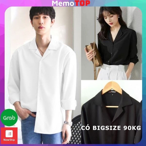 Áo sơ mi nam nữ form rộng có big size trắng đen kiểu cổ vest hàn quốc MEMOTOP MM01