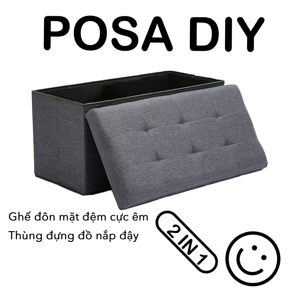 Đôn ghế hộp có ngăn chứa đồ vải nỉ màu xám Posa