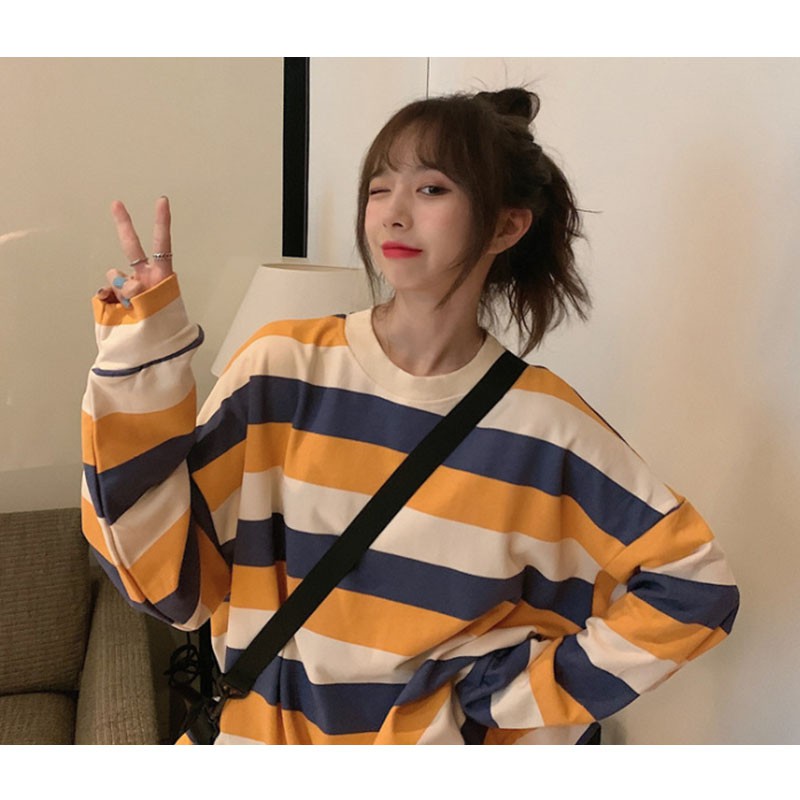 Cotton Striped Round Neck Sweatshirt Women-free Small Bag