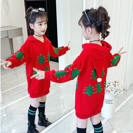 áo len lông cừu cho bé gái thu đông 2022 mới mùa đông và phiên bản hàn quốc của bé trai và bé gái sành điệu màu đỏ lưới kiểu dáng dài nước ngoài