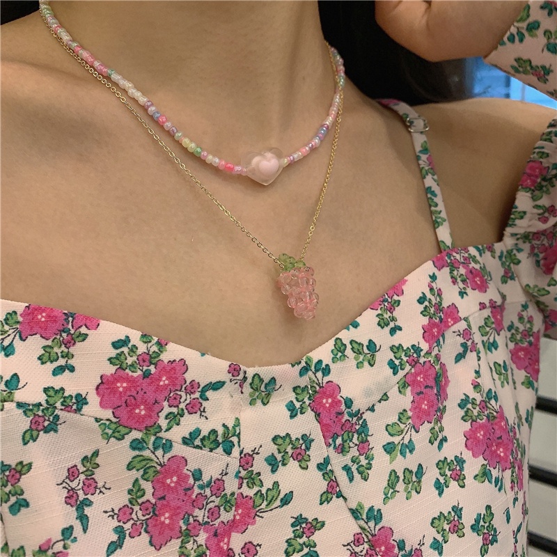 Vòng cổ Chuỗi Hạt Trái Tim Màu Hồng