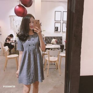 Đầm caro babydoll hàng nút