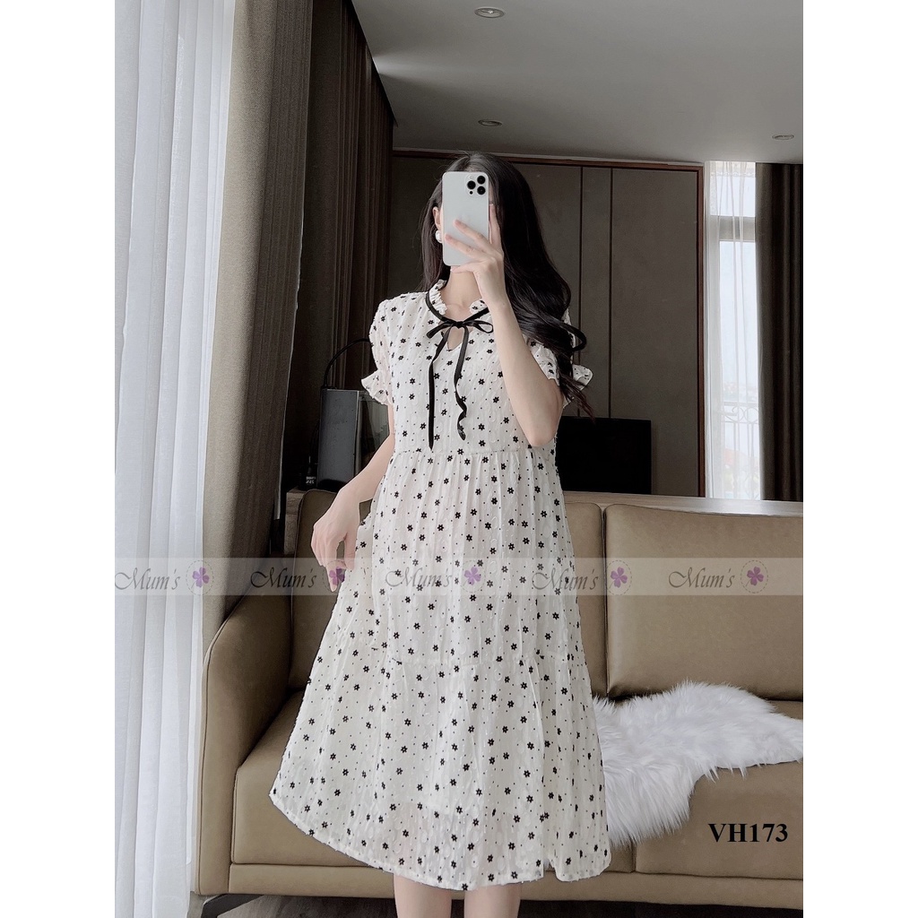 ĐẦM BẦU CÔNG SỞ MUM'S SHOP  FREESHIP  Váy bầu xinh mùa hè chất tơ trắng hoa đen