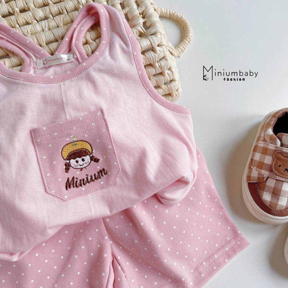 Set đồ thiết kế 2 cotton dây cho bé gái phối túi thêu xinh xắn, quần áo trẻ em MiniumBaby-SB1226, bộ không tay hè