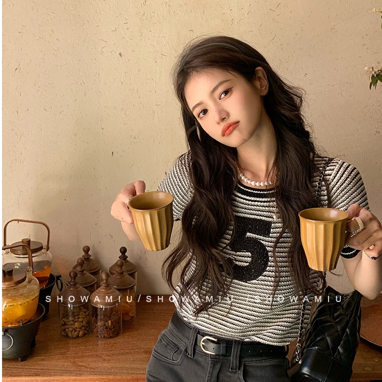 SUXI Áo Thun Ngắn Tay Cổ Tròn Dáng Rộng Họa Tiết Kẻ Sọc Đơn Giản Thời Trang Mùa Hè Cho Nữ