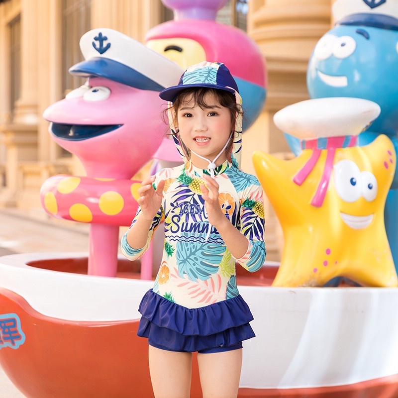 Bộ đồ bơi bé gái ICESAND SUMMER liền mảnh dài tay kèm nón che gáy siêu xinh