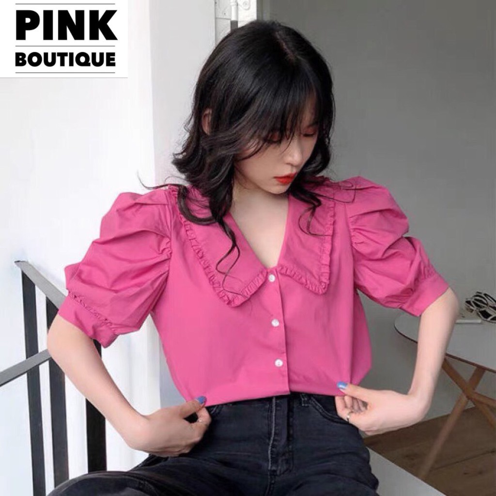 Áo Sơ Mi Trắng Nữ Đẹp Áo Kiểu Form Rộng Tay Ngắn Phồng Cổ Đức BèoThiết Kế PINK BOUTIQUE