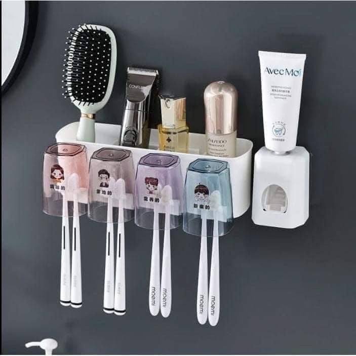 Kệ để đồ treo bàn chải đánh răng 4 cốc, tặng kèm nhả kem