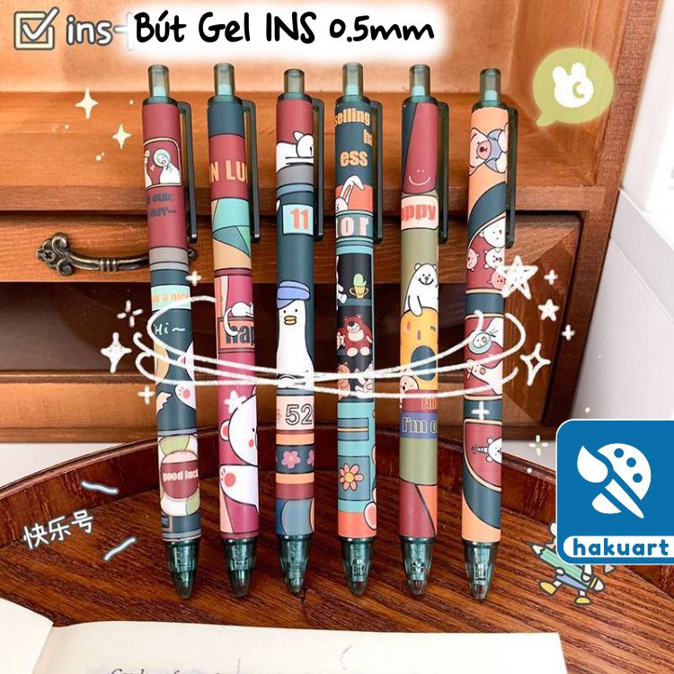 Bút Bi Bấm Hoạt Hình Mực Bút Gel Đen 0.5mm - Văn Phòng Phẩm Haku