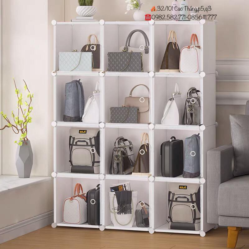 Kệ tủ NHỰA trong suốt 12 ô đựng túi xách, balo, mỹ phẩm, giày dép, lắp ghép đơn giản, cứng cáp, chắc chắn