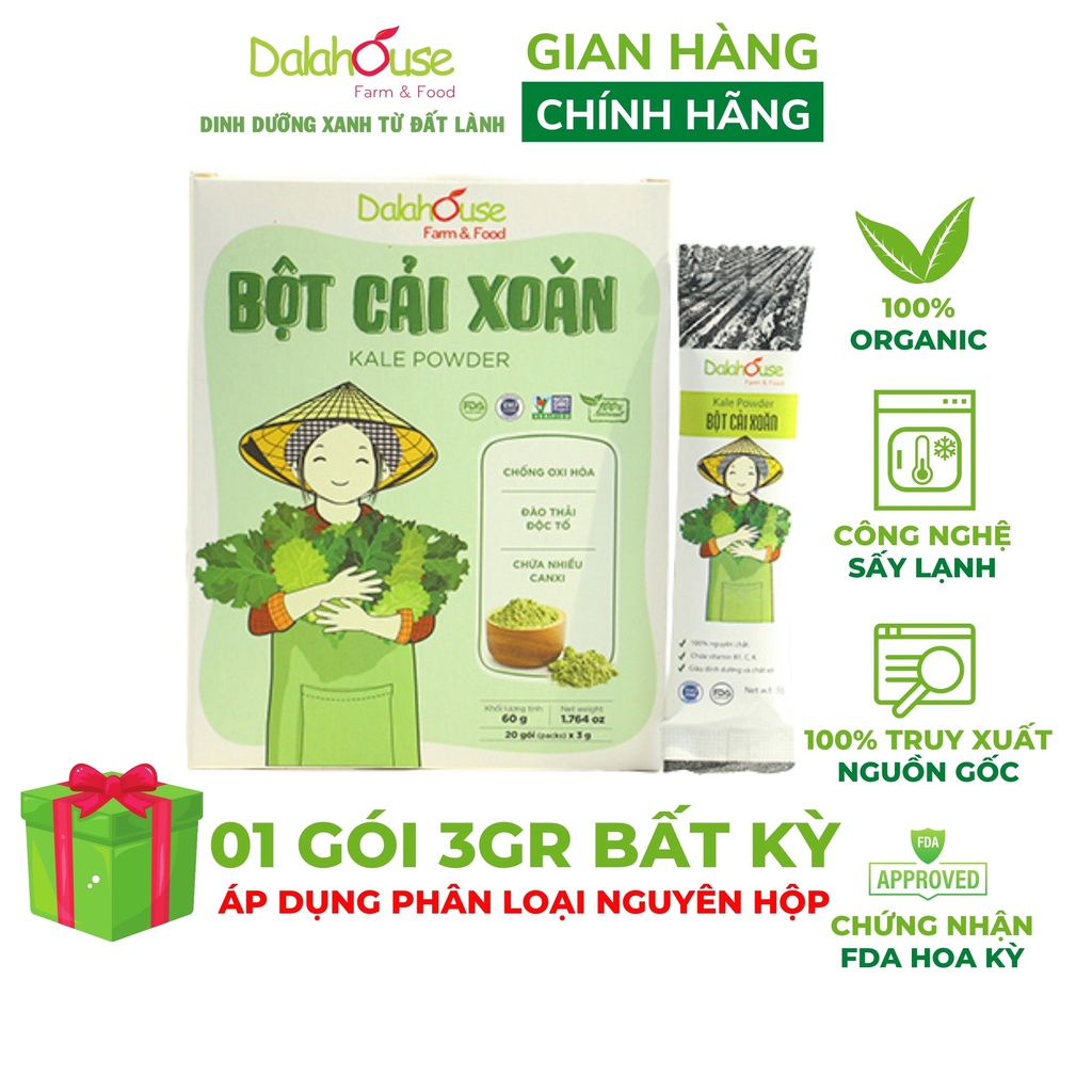 Bột cải xoăn kale nguyên chất Dalahouse công nghệ sấy lạnh tiêu chuẩn Châu Âu hộp 60 gr