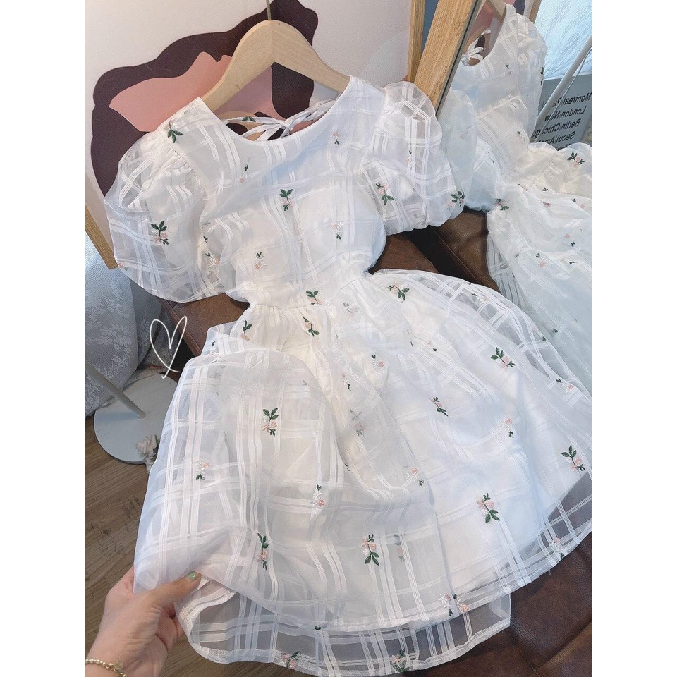 Đầm babydoll hoa ô vuông trắng cột dây lưng💖 KÈM ẢNH THẬT