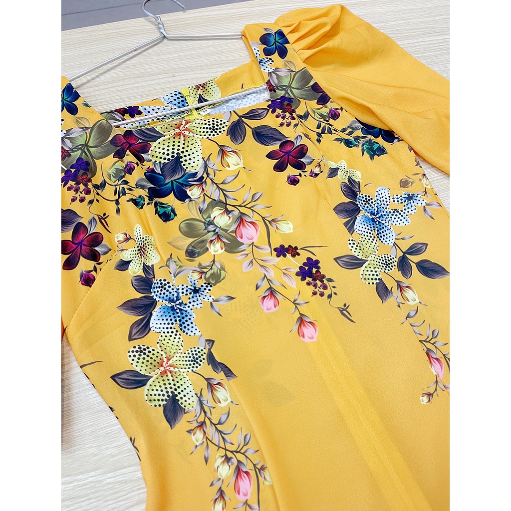 Áo dài hoa nhí tay phồng tay bồng cổ vuông xinh xắn vintage