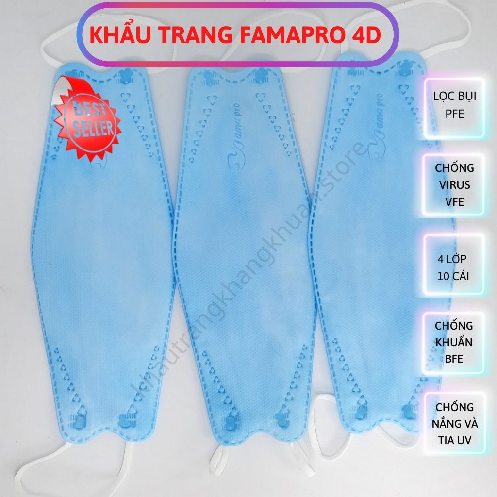 Khẩu trang FAMAPRO, Khẩu trang 4D, dạng túi [HÀNG TẬN XƯỞNG], kháng khuẩn &gt;98%, chống UV, bụi siêu mịn, [10 cái]