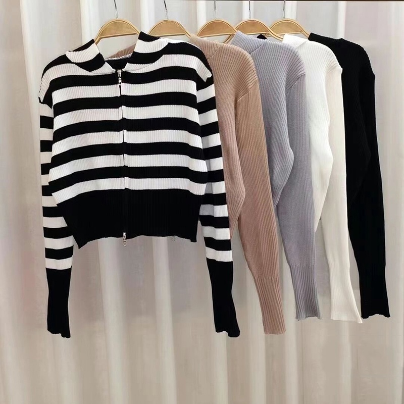 IELGY Áo khoác hoodie ngắn dệt kim thiết kế hai dây kéo thời trang cho nữ