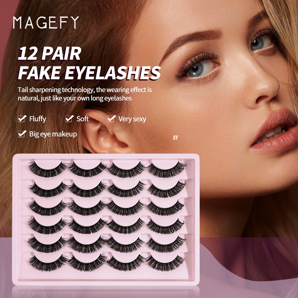 Hộp 12 cặp lông mi giả MAGEFY cong xoăn kiểu Nga thời trang dành cho làm đẹp