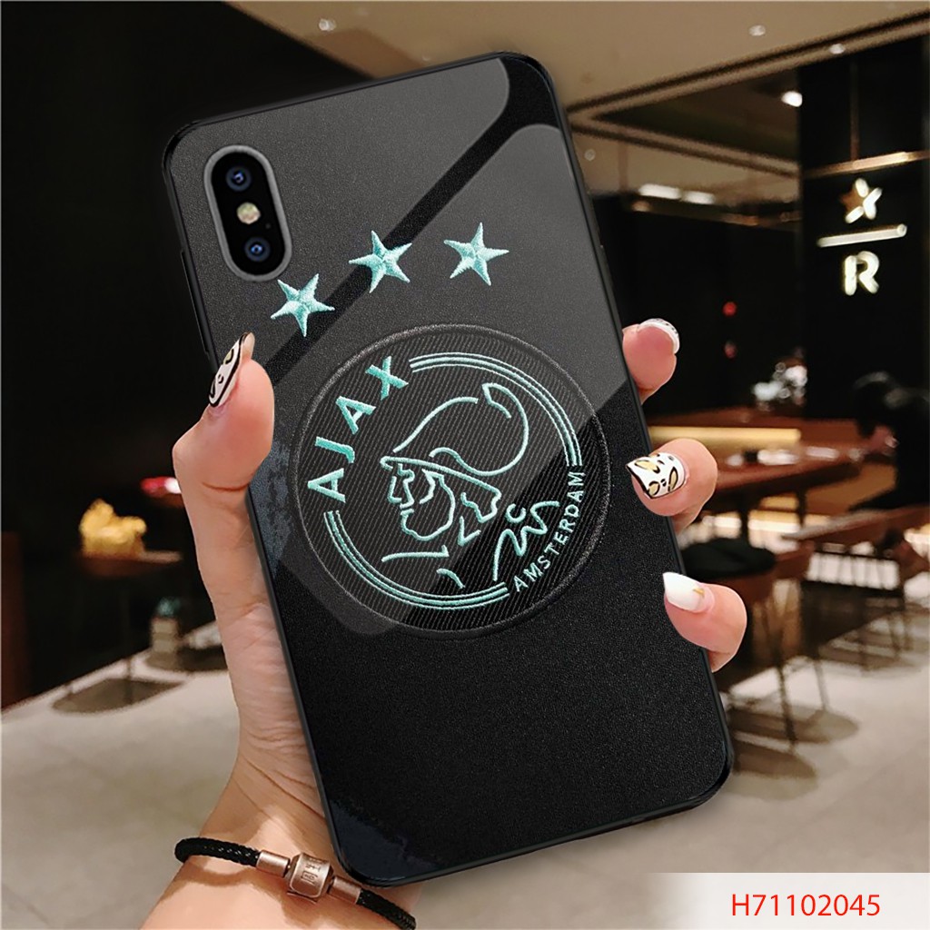 ỐP LƯNG TRÁNG GƯƠNG KÍNH CƯỜNG LỰC IPHONE, SAMSUNG LOGO CLB BÓNG ĐÁ Ajax NỀN ĐEN