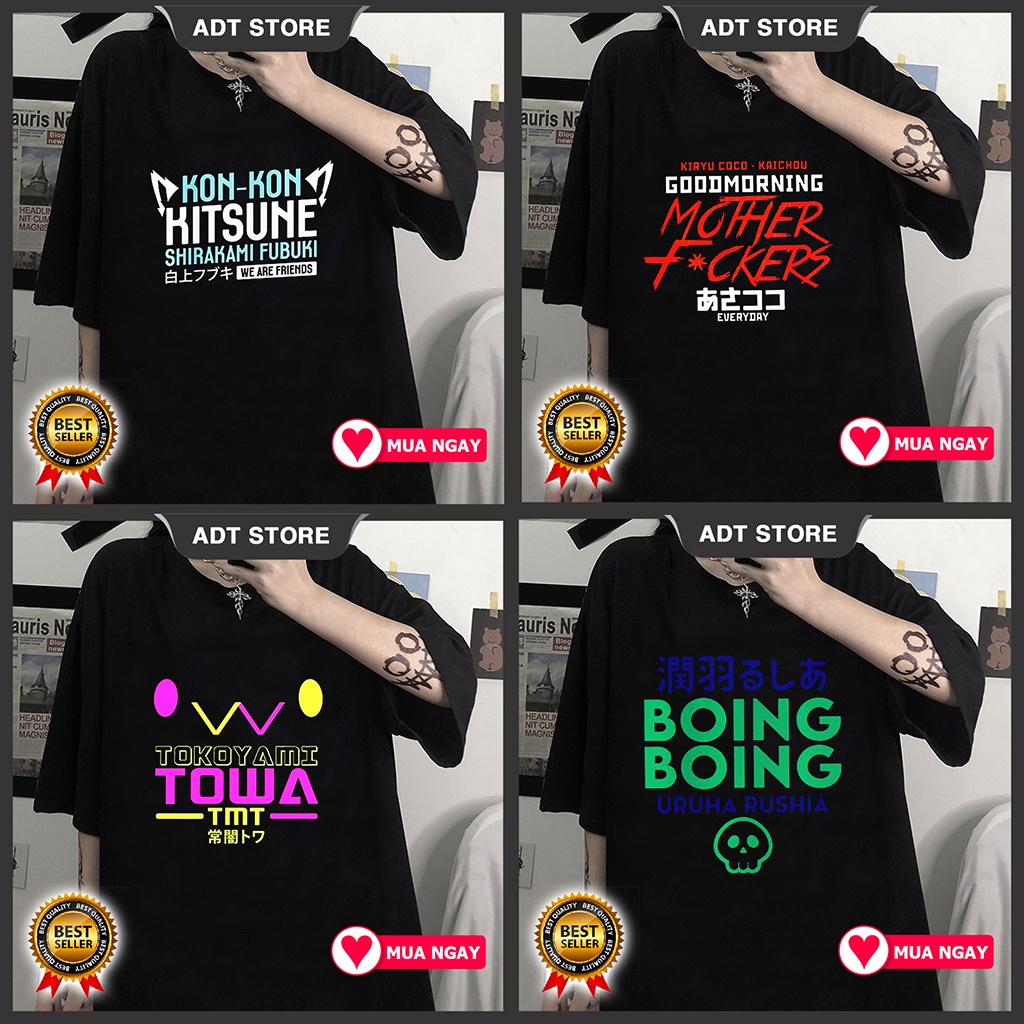 4 mẫu Áo thun Anime Hololive Shirakami Fubuki - Kiryu Coco - Tokoyami Towa - Uruha Rushia BOING BOING ngắn tay cực HOT đ