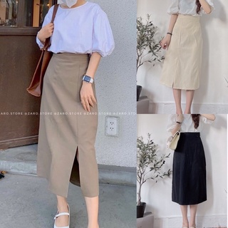 Chân váy kaki dài dáng chữ A xẻ tà phong cách công sở thanh lịch ba màu dễ phối đồ
