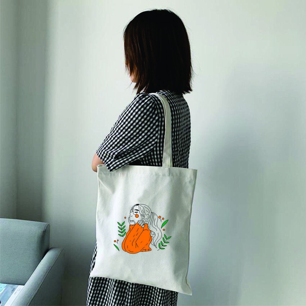 Túi tote vải canvas mềm in hình cô gái áo cam dễ thương