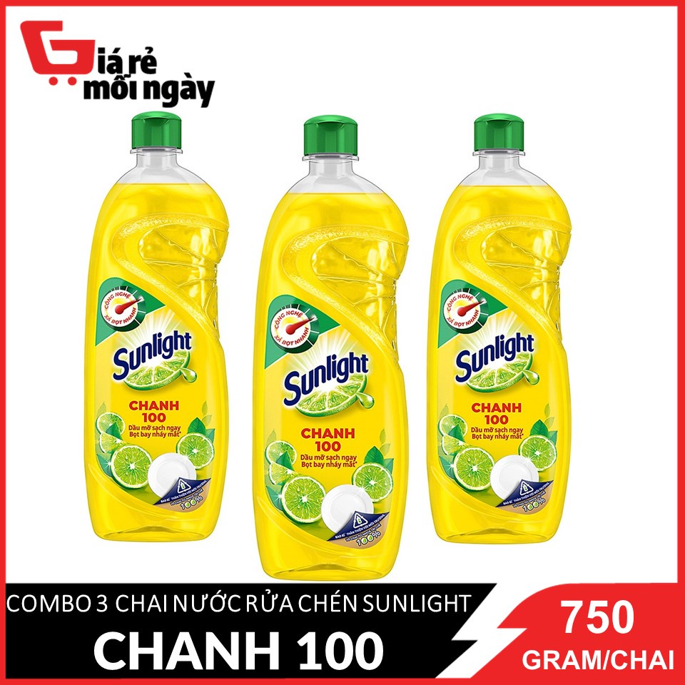 COMBO 3 Chai Nước rửa chén Sunlight Chanh 100 Chai 750gx3